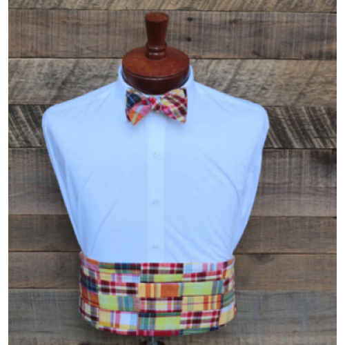 Red & Yellow Madras Patchwork Plaid Cummerbund & Bow Tie
